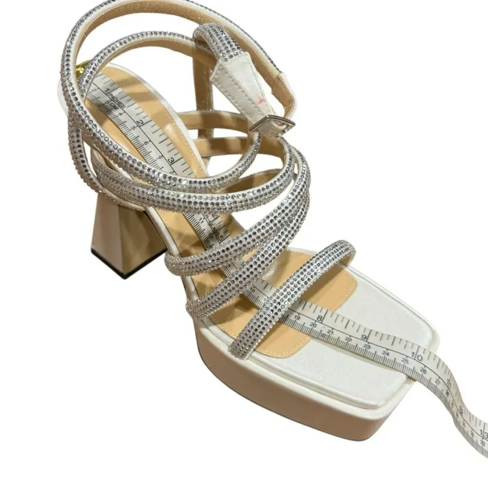 Revolve Mach & Mach White Sydney Embellished Satin Platform Sandals size 39.5